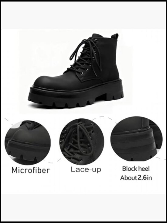 Black Leather Lace-up Platform Combat Boots Chunky Heel Lug Sole Side Zipper